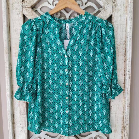 NY Collection Women's Petite Short Balloon Sleeve Button Front Blouse Top Geo - Picture 7 of 11